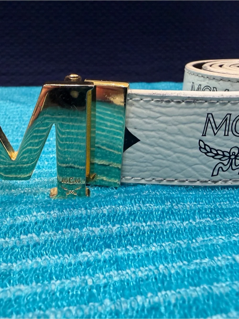 MCM White Leather Belt with Gold-Tone M Buckle
